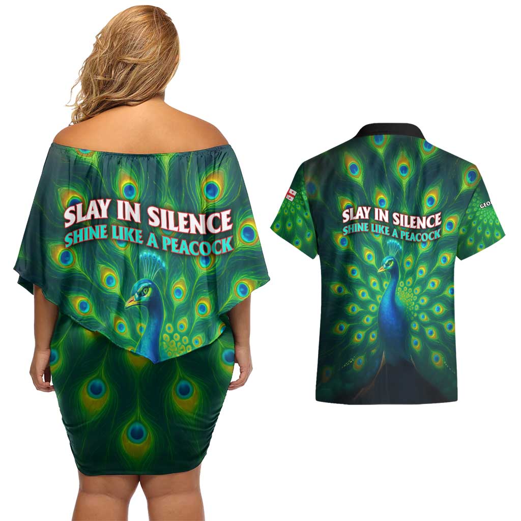 Georgia Peacock Couples Matching Off Shoulder Short Dress and Hawaiian Shirt with Slay in Silence Shine Like a Peacock Design - Wonder Print Shop