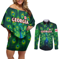 Georgia Peacock Couples Matching Off Shoulder Short Dress and Long Sleeve Button Shirt with Slay in Silence Shine Like a Peacock Design - Wonder Print Shop