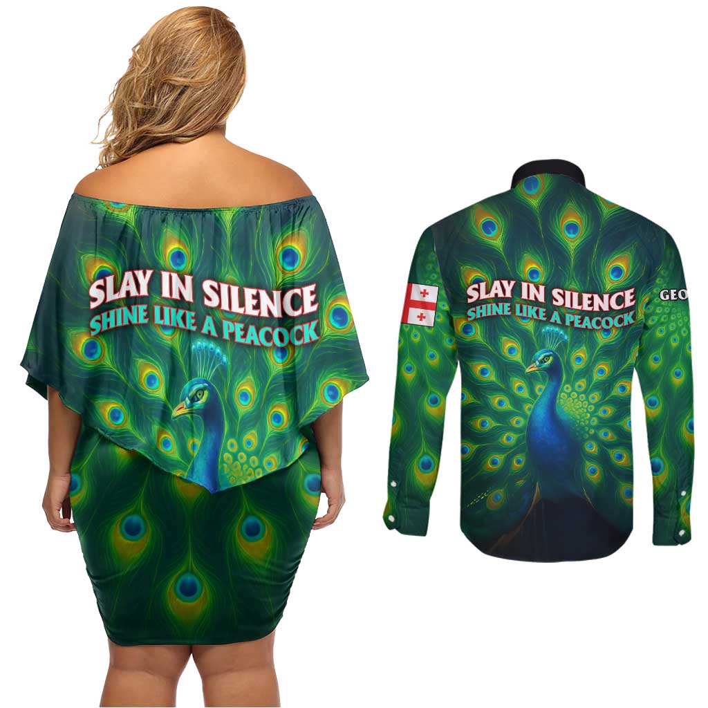 Georgia Peacock Couples Matching Off Shoulder Short Dress and Long Sleeve Button Shirt with Slay in Silence Shine Like a Peacock Design - Wonder Print Shop