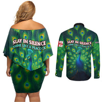 Georgia Peacock Couples Matching Off Shoulder Short Dress and Long Sleeve Button Shirt with Slay in Silence Shine Like a Peacock Design - Wonder Print Shop