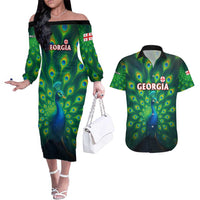 Georgia Peacock Couples Matching Off The Shoulder Long Sleeve Dress and Hawaiian Shirt with Slay in Silence Shine Like a Peacock Design - Wonder Print Shop