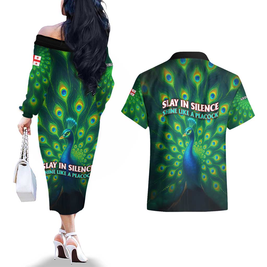 Georgia Peacock Couples Matching Off The Shoulder Long Sleeve Dress and Hawaiian Shirt with Slay in Silence Shine Like a Peacock Design - Wonder Print Shop