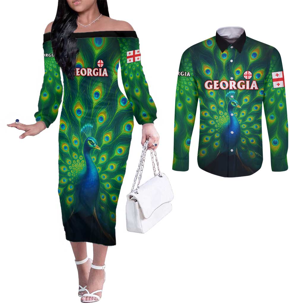 Georgia Peacock Couples Matching Off The Shoulder Long Sleeve Dress and Long Sleeve Button Shirt with Slay in Silence Shine Like a Peacock Design - Wonder Print Shop