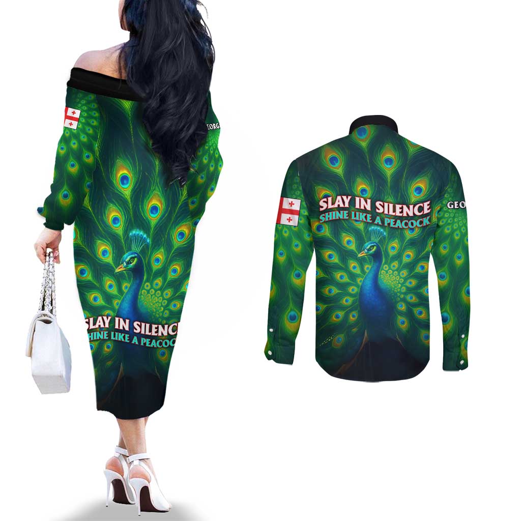 Georgia Peacock Couples Matching Off The Shoulder Long Sleeve Dress and Long Sleeve Button Shirt with Slay in Silence Shine Like a Peacock Design - Wonder Print Shop