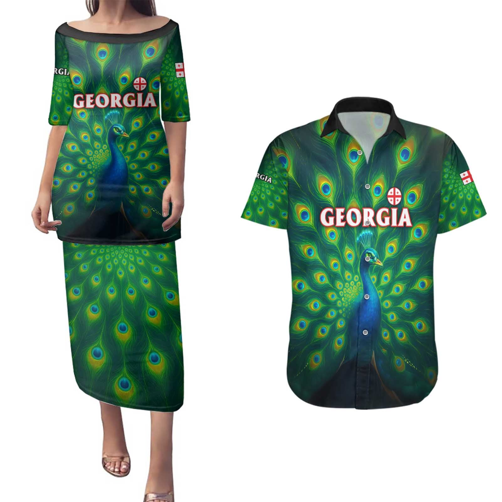 Georgia Peacock Couples Matching Puletasi and Hawaiian Shirt with Slay in Silence Shine Like a Peacock Design - Wonder Print Shop