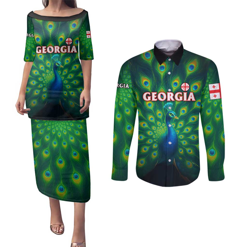 Georgia Peacock Couples Matching Puletasi and Long Sleeve Button Shirt with Slay in Silence Shine Like a Peacock Design - Wonder Print Shop