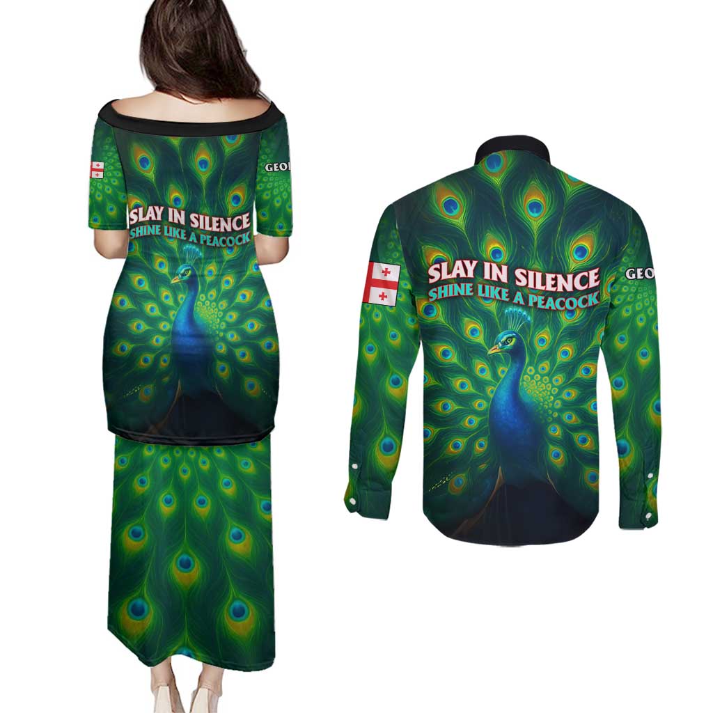 Georgia Peacock Couples Matching Puletasi and Long Sleeve Button Shirt with Slay in Silence Shine Like a Peacock Design - Wonder Print Shop