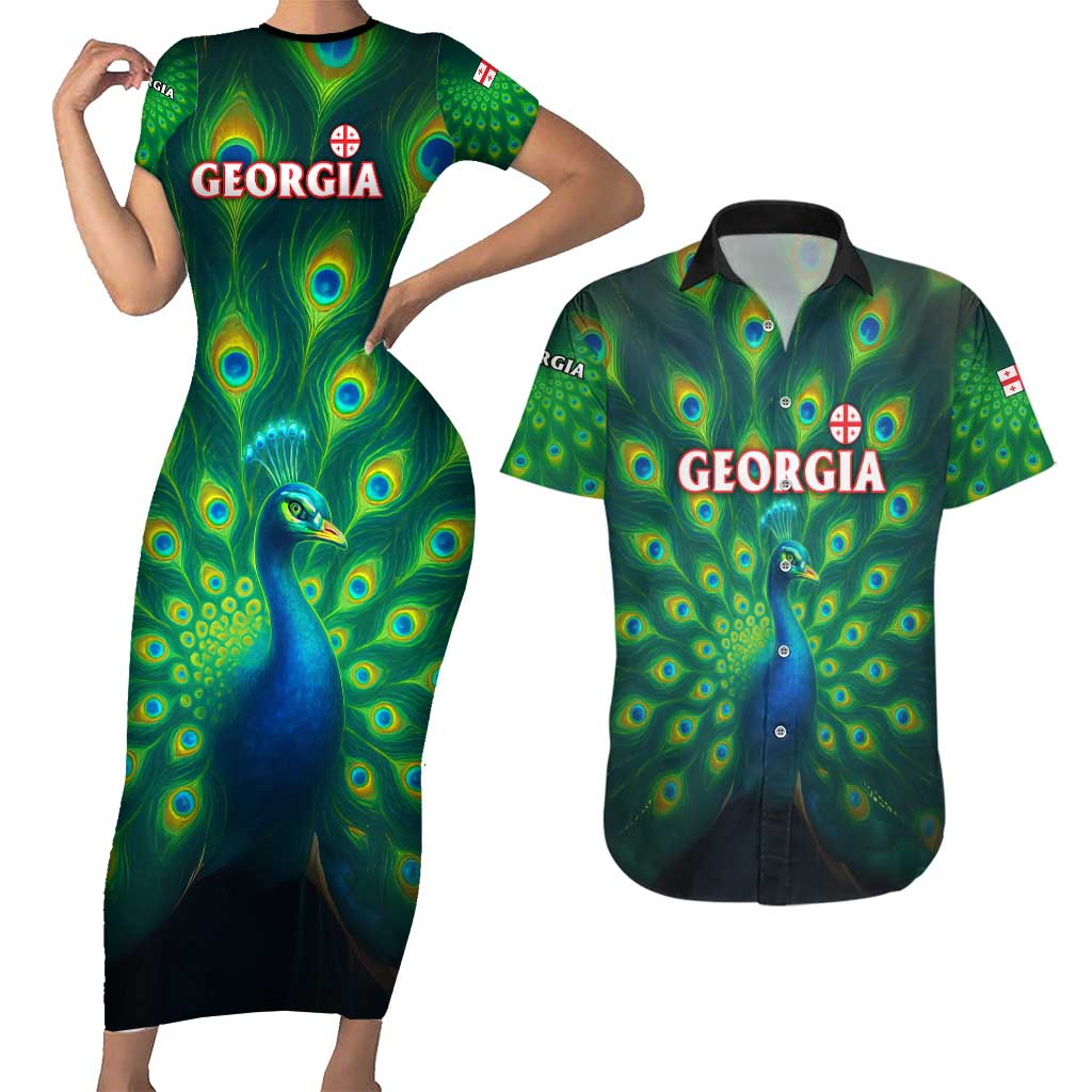 Georgia Peacock Couples Matching Short Sleeve Bodycon Dress and Hawaiian Shirt with Slay in Silence Shine Like a Peacock Design - Wonder Print Shop