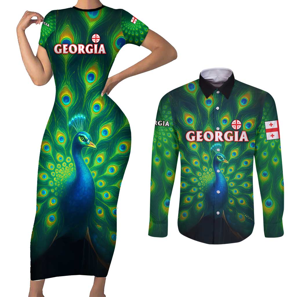 Georgia Peacock Couples Matching Short Sleeve Bodycon Dress and Long Sleeve Button Shirt with Slay in Silence Shine Like a Peacock Design - Wonder Print Shop