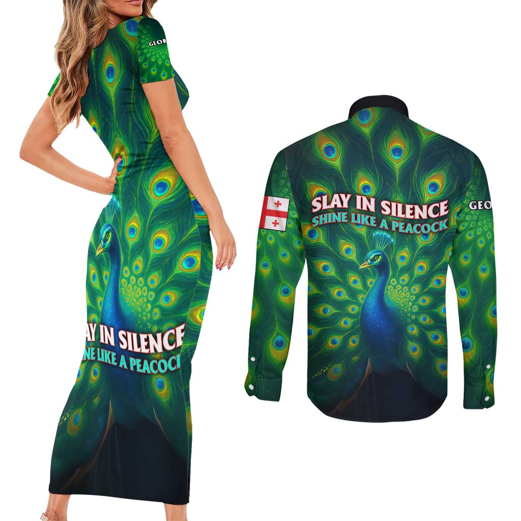 Georgia Peacock Couples Matching Short Sleeve Bodycon Dress and Long Sleeve Button Shirt with Slay in Silence Shine Like a Peacock Design - Wonder Print Shop