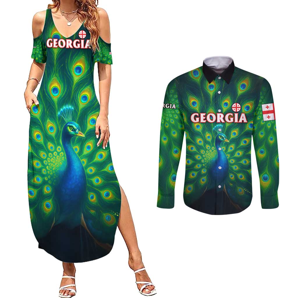 Georgia Peacock Couples Matching Summer Maxi Dress and Long Sleeve Button Shirt with Slay in Silence Shine Like a Peacock Design - Wonder Print Shop