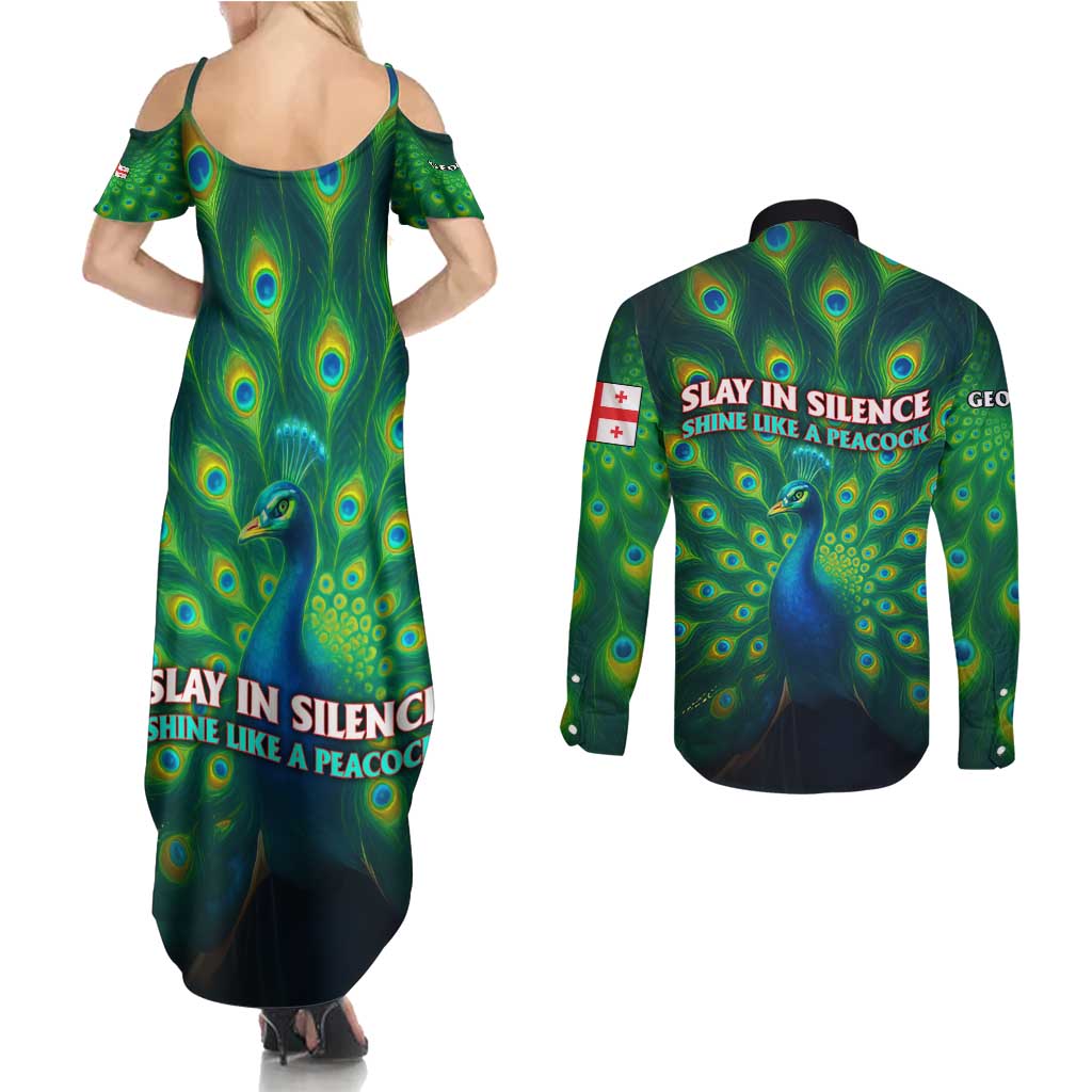 Georgia Peacock Couples Matching Summer Maxi Dress and Long Sleeve Button Shirt with Slay in Silence Shine Like a Peacock Design - Wonder Print Shop