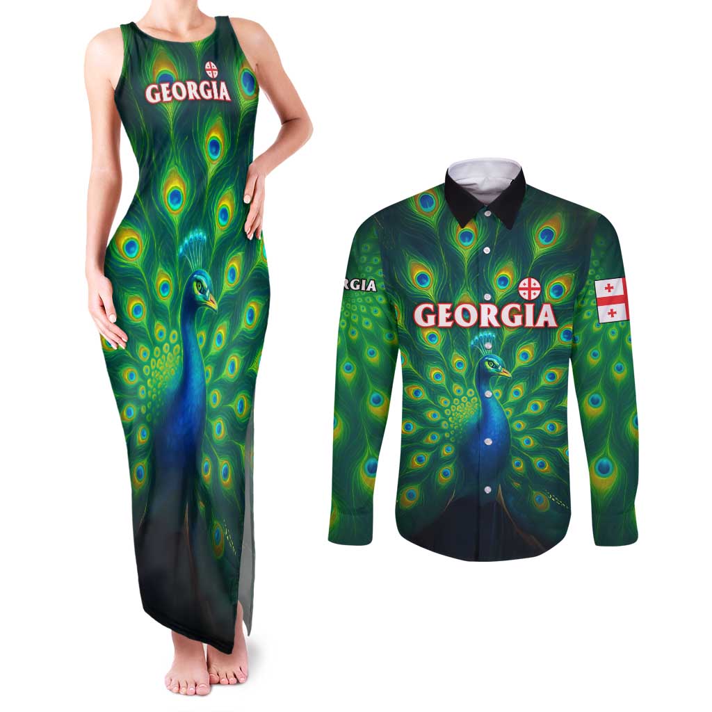 Georgia Peacock Couples Matching Tank Maxi Dress and Long Sleeve Button Shirt with Slay in Silence Shine Like a Peacock Design - Wonder Print Shop