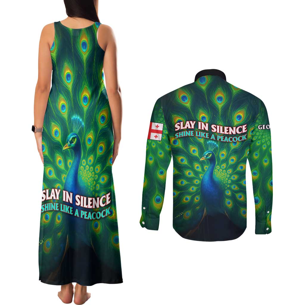 Georgia Peacock Couples Matching Tank Maxi Dress and Long Sleeve Button Shirt with Slay in Silence Shine Like a Peacock Design - Wonder Print Shop