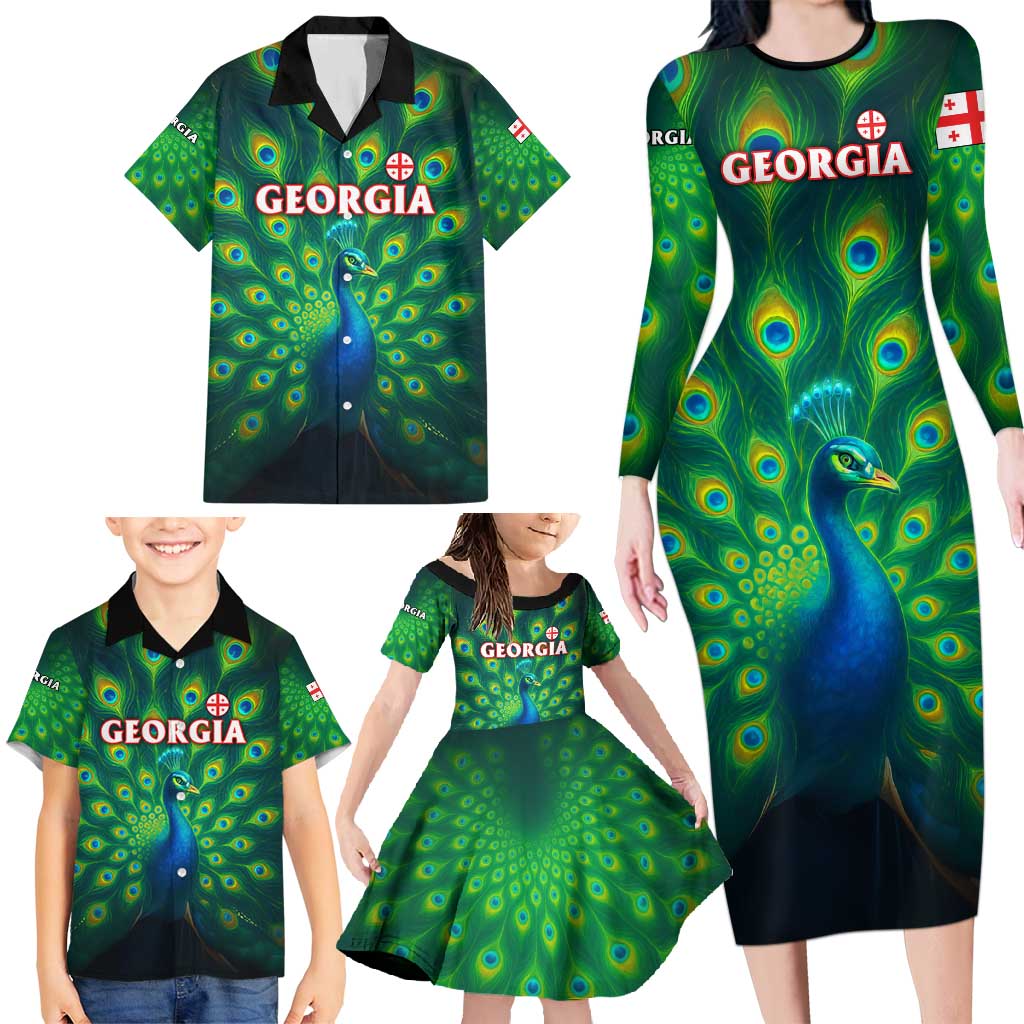 Georgia Peacock Family Matching Long Sleeve Bodycon Dress and Hawaiian Shirt with Slay in Silence Shine Like a Peacock Design - Wonder Print Shop