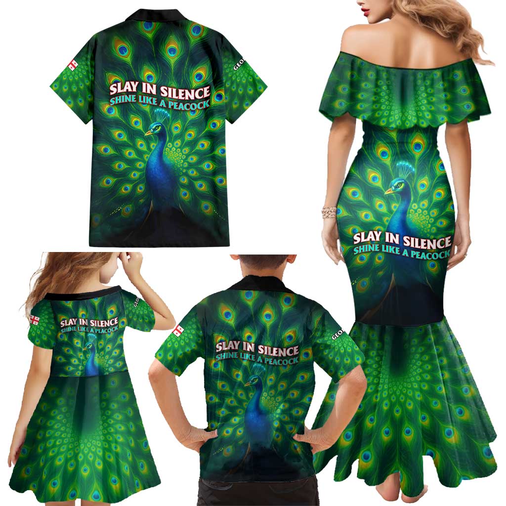 Georgia Peacock Family Matching Mermaid Dress and Hawaiian Shirt with Slay in Silence Shine Like a Peacock Design - Wonder Print Shop