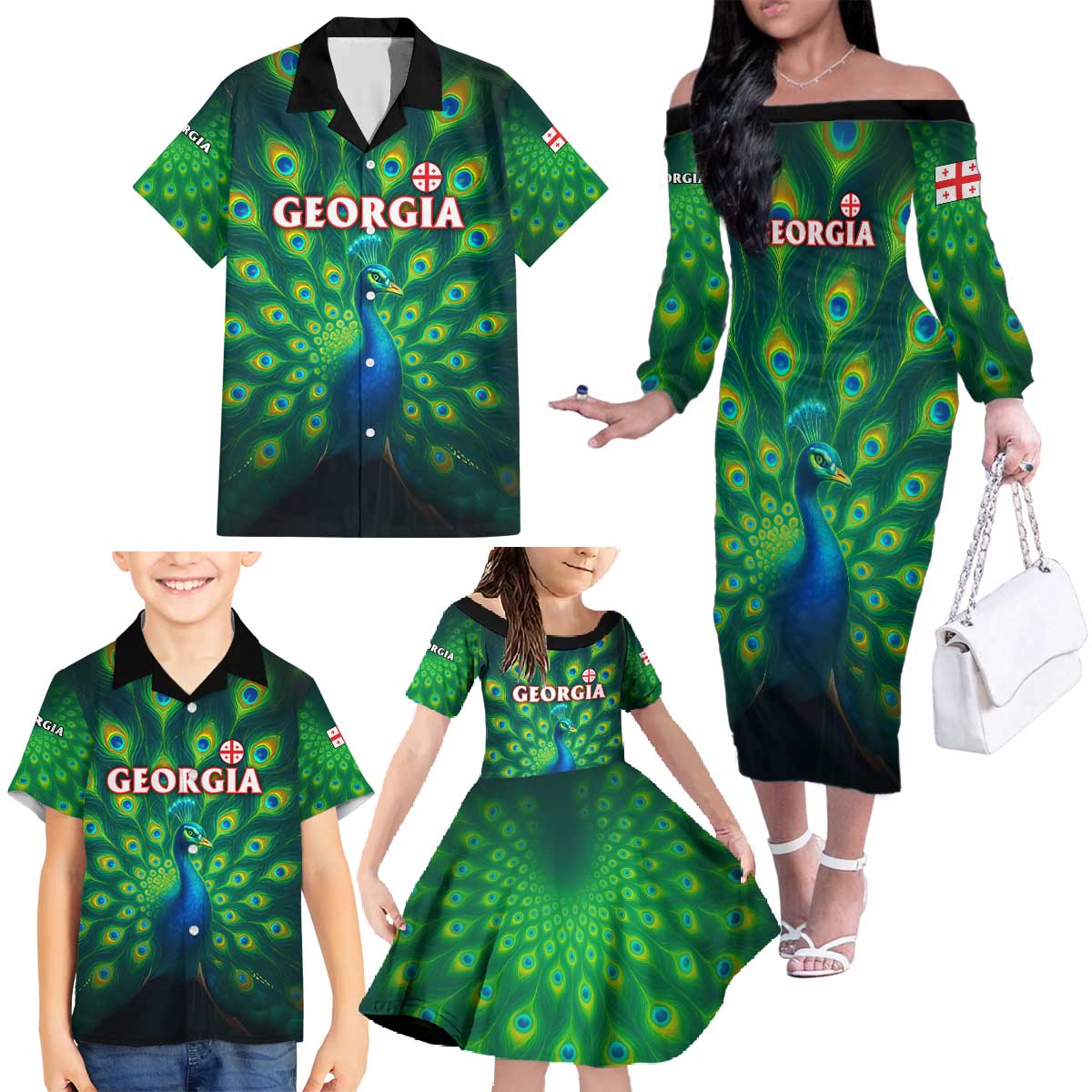 Georgia Peacock Family Matching Off The Shoulder Long Sleeve Dress and Hawaiian Shirt with Slay in Silence Shine Like a Peacock Design - Wonder Print Shop