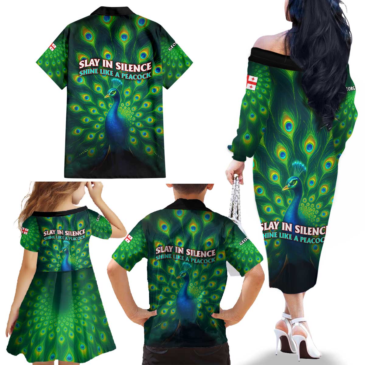 Georgia Peacock Family Matching Off The Shoulder Long Sleeve Dress and Hawaiian Shirt with Slay in Silence Shine Like a Peacock Design - Wonder Print Shop