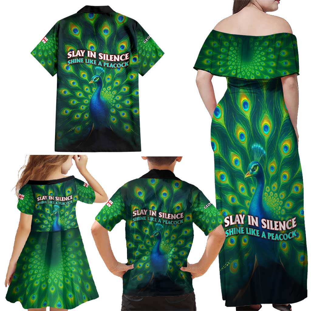 Georgia Peacock Family Matching Off Shoulder Maxi Dress and Hawaiian Shirt with Slay in Silence Shine Like a Peacock Design - Wonder Print Shop