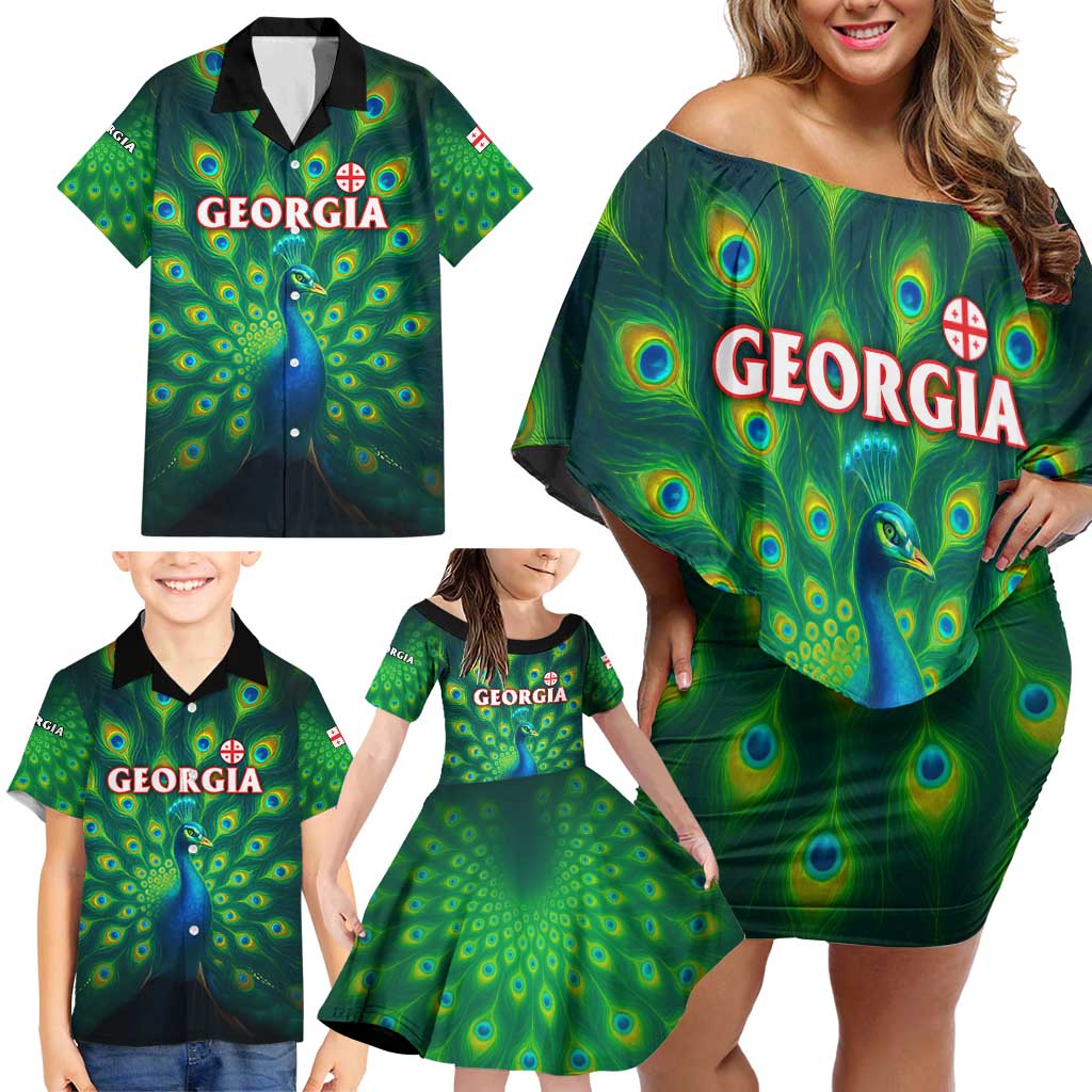Georgia Peacock Family Matching Off Shoulder Short Dress and Hawaiian Shirt with Slay in Silence Shine Like a Peacock Design - Wonder Print Shop