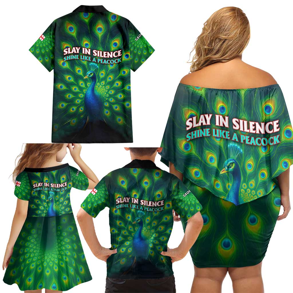 Georgia Peacock Family Matching Off Shoulder Short Dress and Hawaiian Shirt with Slay in Silence Shine Like a Peacock Design - Wonder Print Shop