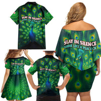 Georgia Peacock Family Matching Off Shoulder Short Dress and Hawaiian Shirt with Slay in Silence Shine Like a Peacock Design - Wonder Print Shop