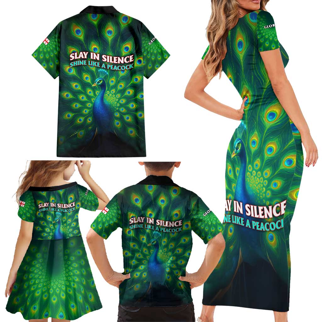 Georgia Peacock Family Matching Short Sleeve Bodycon Dress and Hawaiian Shirt with Slay in Silence Shine Like a Peacock Design - Wonder Print Shop