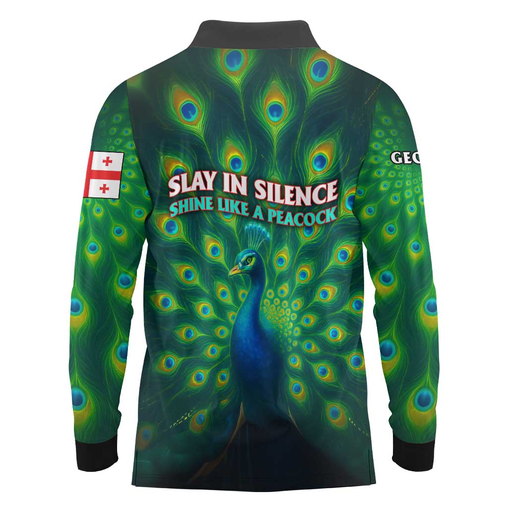 Georgia Peacock Long Sleeve Polo Shirt with Slay in Silence Shine Like a Peacock Design - Wonder Print Shop