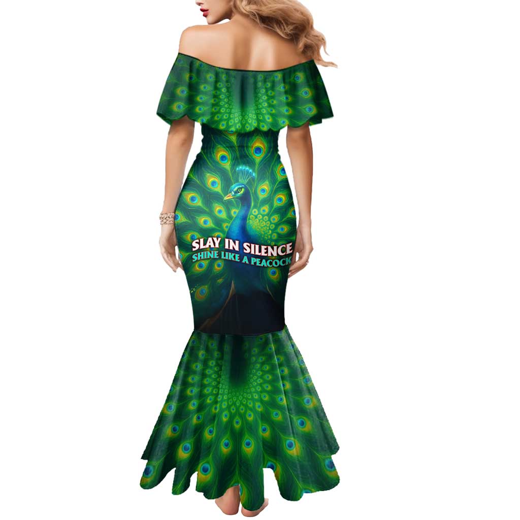 Georgia Peacock Mermaid Dress with Slay in Silence Shine Like a Peacock Design - Wonder Print Shop