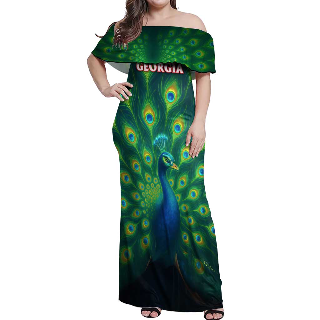 Georgia Peacock Off Shoulder Maxi Dress with Slay in Silence Shine Like a Peacock Design - Wonder Print Shop