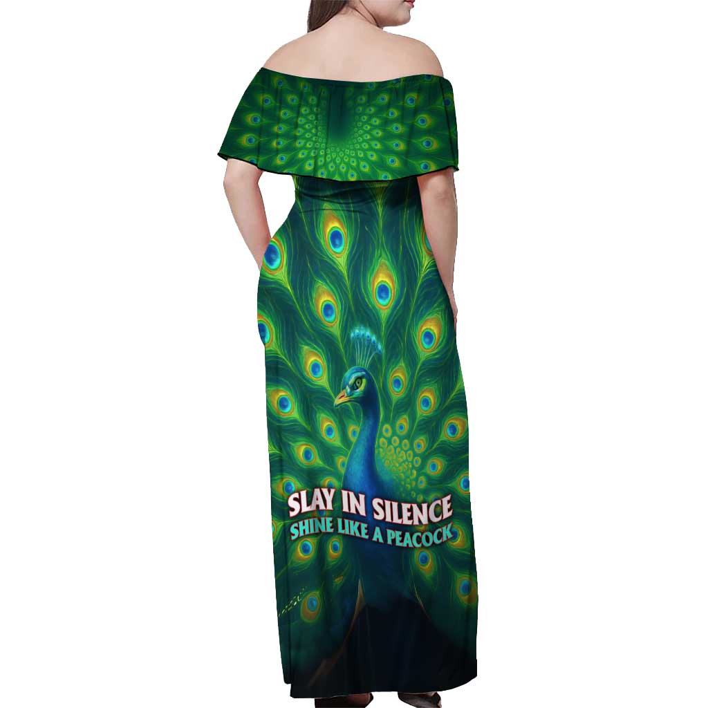 Georgia Peacock Off Shoulder Maxi Dress with Slay in Silence Shine Like a Peacock Design - Wonder Print Shop