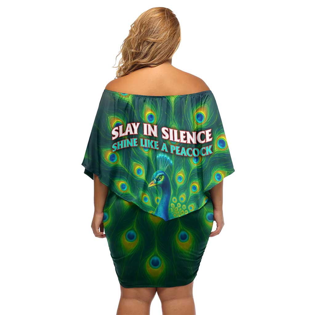 Georgia Peacock Off Shoulder Short Dress with Slay in Silence Shine Like a Peacock Design - Wonder Print Shop