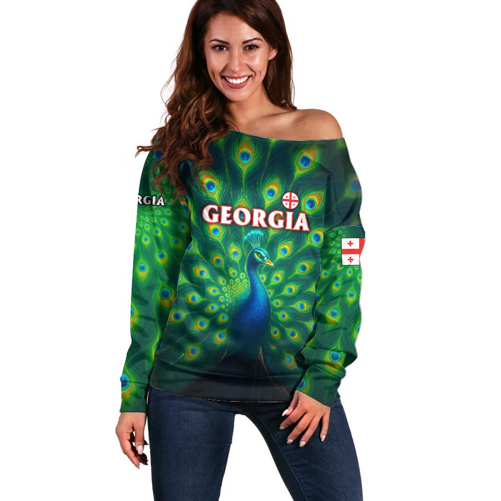 Georgia Peacock Off Shoulder Sweater with Slay in Silence Shine Like a Peacock Design - Wonder Print Shop
