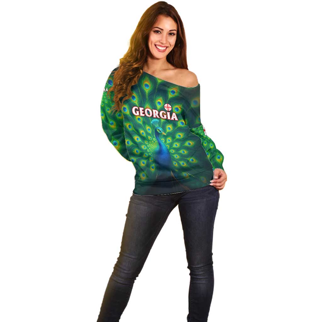 Georgia Peacock Off Shoulder Sweater with Slay in Silence Shine Like a Peacock Design - Wonder Print Shop