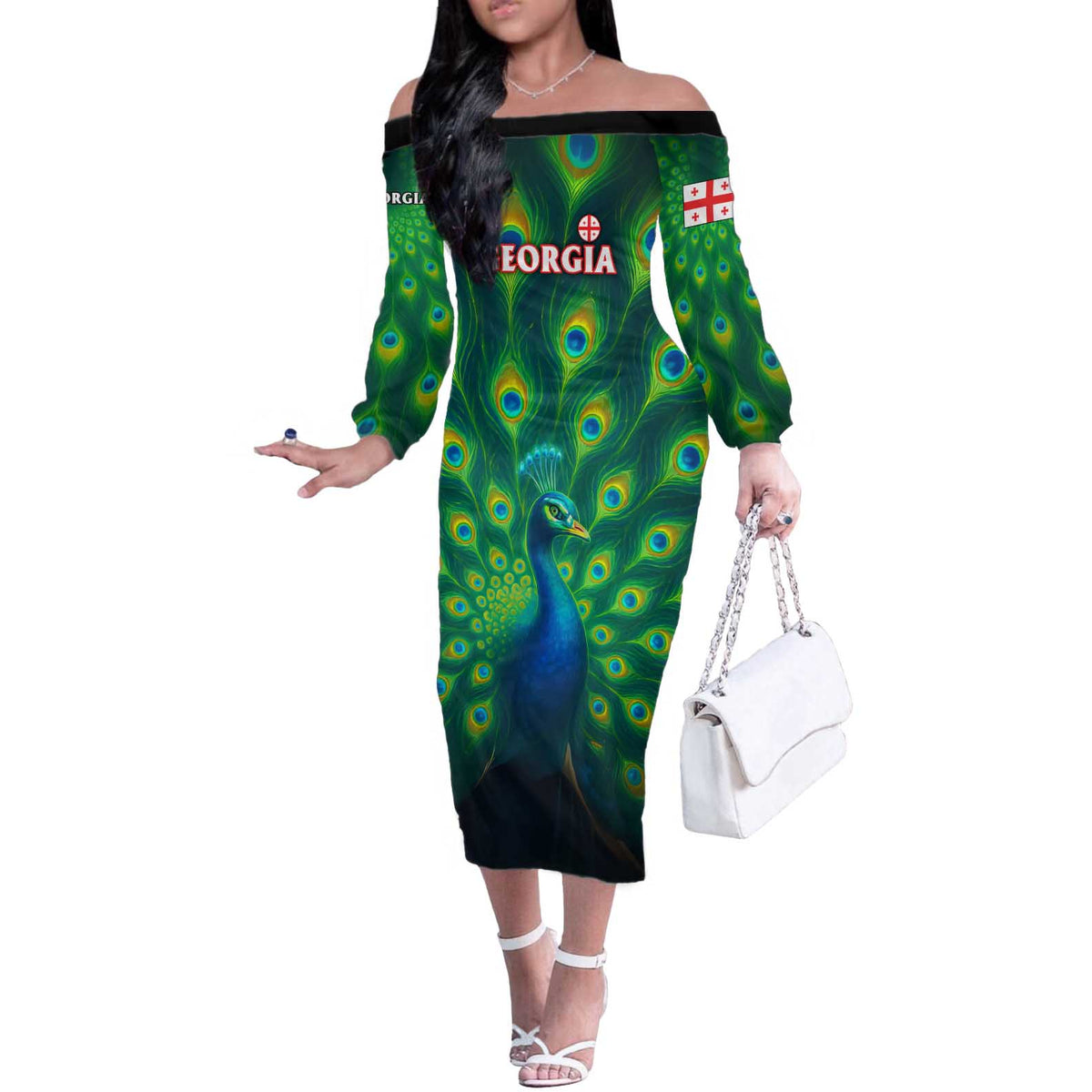 Georgia Peacock Off The Shoulder Long Sleeve Dress with Slay in Silence Shine Like a Peacock Design - Wonder Print Shop
