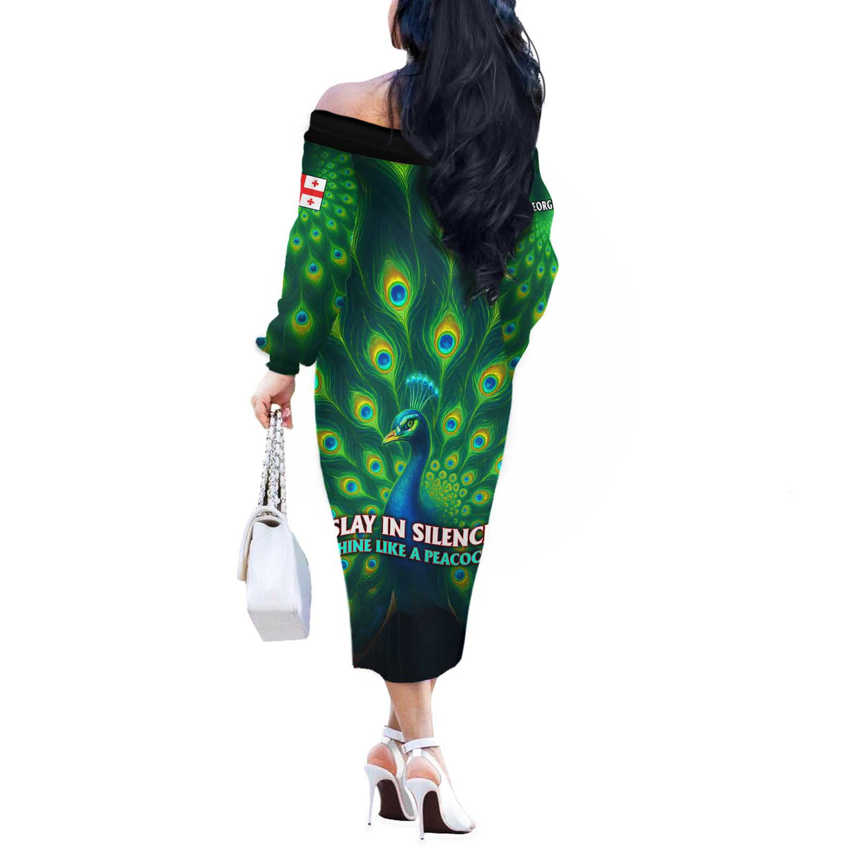 Georgia Peacock Off The Shoulder Long Sleeve Dress with Slay in Silence Shine Like a Peacock Design - Wonder Print Shop