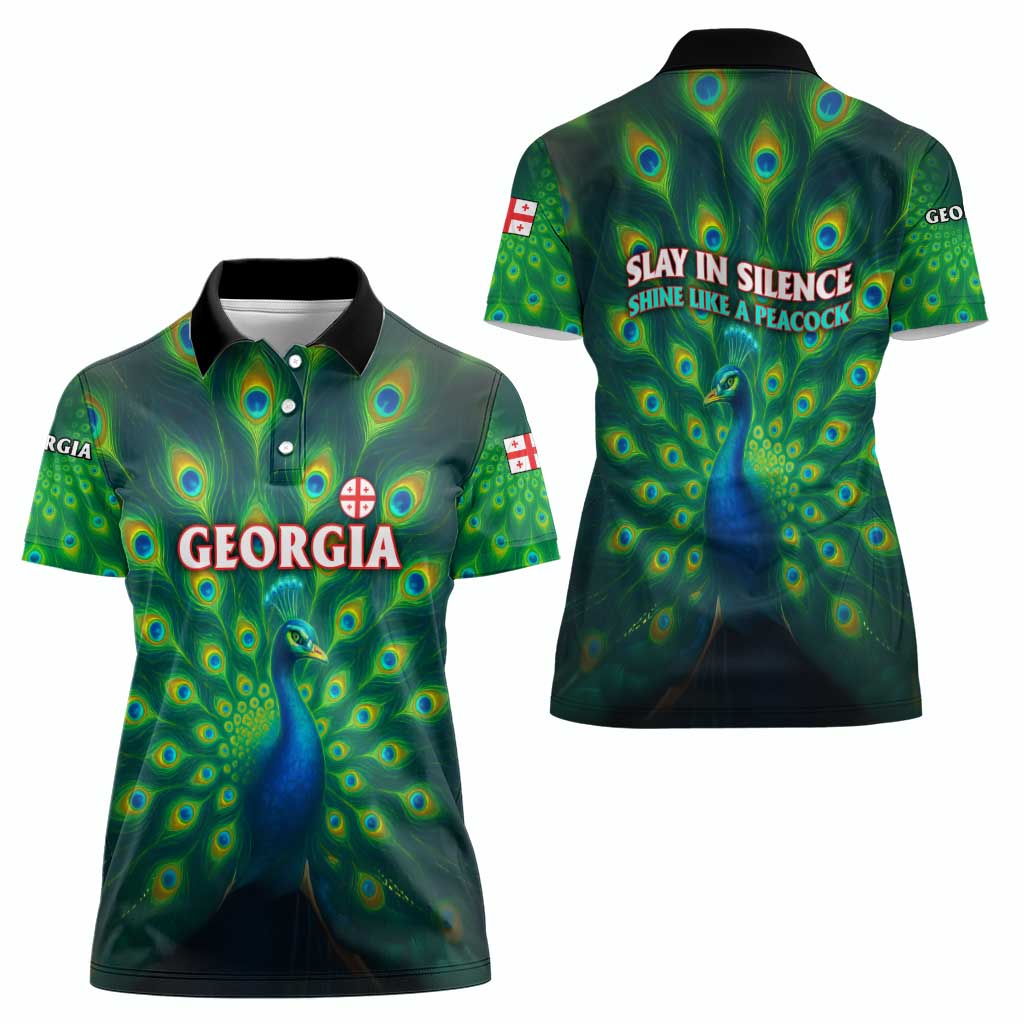 Georgia Peacock Women Polo Shirt with Slay in Silence Shine Like a Peacock Design - Wonder Print Shop