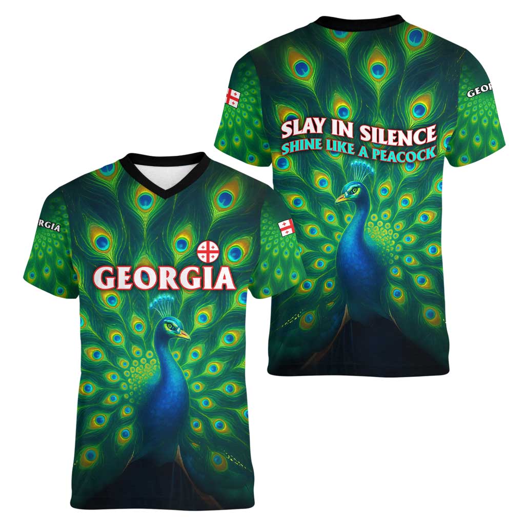 Georgia Peacock Women V-Neck T-Shirt with Slay in Silence Shine Like a Peacock Design - Wonder Print Shop