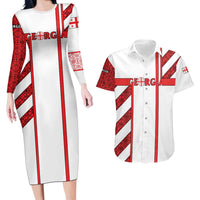 Georgia Couples Matching Long Sleeve Bodycon Dress and Hawaiian Shirt with Red Cross and Golden Lions Emblem Never Bows Design - Wonder Print Shop