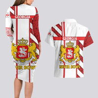 Georgia Couples Matching Long Sleeve Bodycon Dress and Hawaiian Shirt with Red Cross and Golden Lions Emblem Never Bows Design - Wonder Print Shop