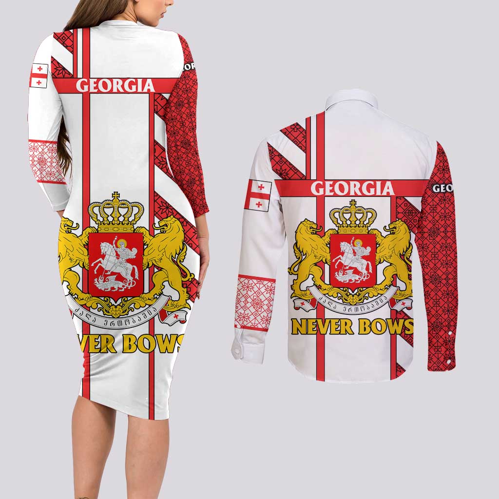 Georgia Couples Matching Long Sleeve Bodycon Dress and Long Sleeve Button Shirt with Red Cross and Golden Lions Emblem Never Bows Design - Wonder Print Shop