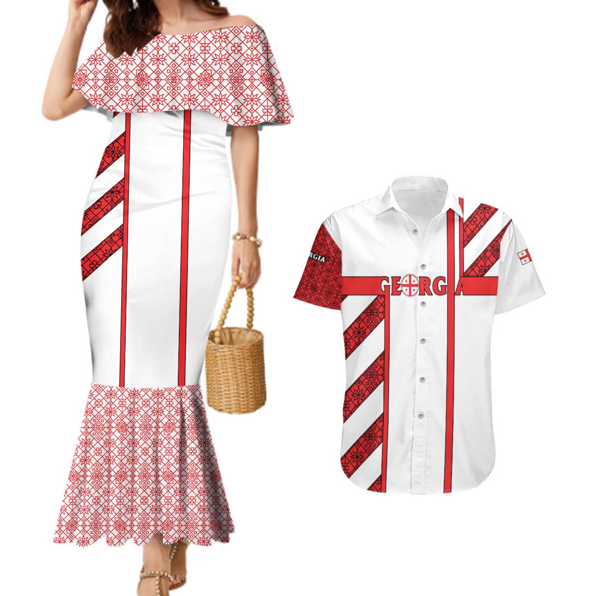 Georgia Couples Matching Mermaid Dress and Hawaiian Shirt with Red Cross and Golden Lions Emblem Never Bows Design - Wonder Print Shop