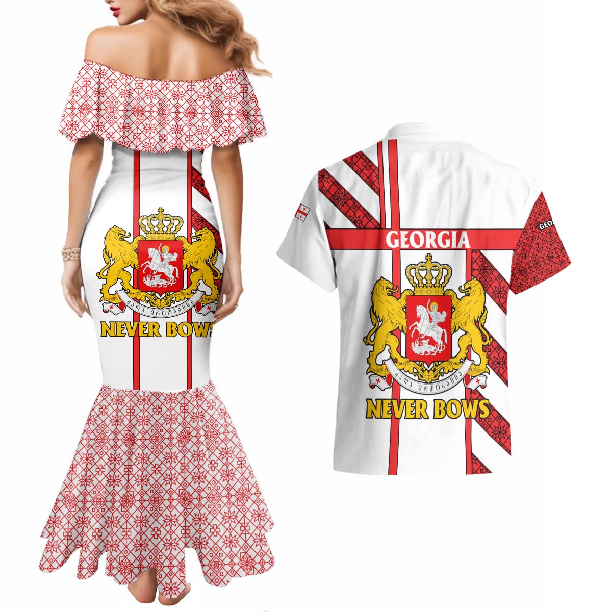 Georgia Couples Matching Mermaid Dress and Hawaiian Shirt with Red Cross and Golden Lions Emblem Never Bows Design - Wonder Print Shop