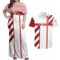 Georgia Couples Matching Off Shoulder Maxi Dress and Hawaiian Shirt with Red Cross and Golden Lions Emblem Never Bows Design - Wonder Print Shop