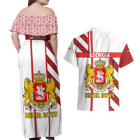 Georgia Couples Matching Off Shoulder Maxi Dress and Hawaiian Shirt with Red Cross and Golden Lions Emblem Never Bows Design - Wonder Print Shop