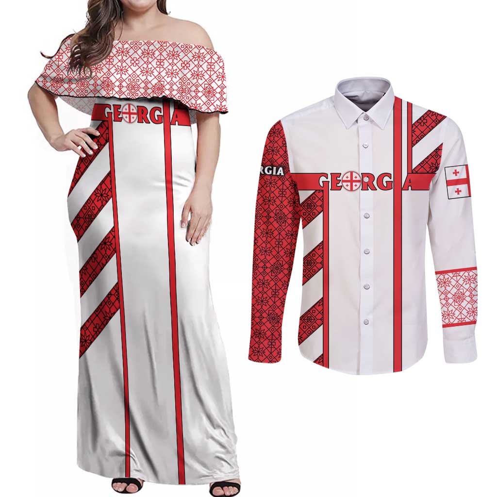 Georgia Couples Matching Off Shoulder Maxi Dress and Long Sleeve Button Shirt with Red Cross and Golden Lions Emblem Never Bows Design - Wonder Print Shop