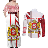 Georgia Couples Matching Off Shoulder Maxi Dress and Long Sleeve Button Shirt with Red Cross and Golden Lions Emblem Never Bows Design - Wonder Print Shop