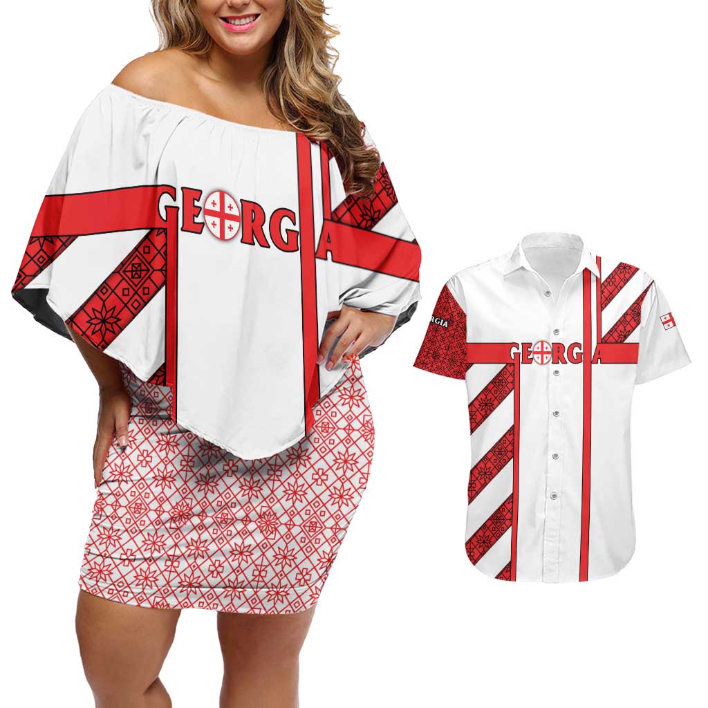 Georgia Couples Matching Off Shoulder Short Dress and Hawaiian Shirt with Red Cross and Golden Lions Emblem Never Bows Design - Wonder Print Shop