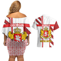 Georgia Couples Matching Off Shoulder Short Dress and Hawaiian Shirt with Red Cross and Golden Lions Emblem Never Bows Design - Wonder Print Shop