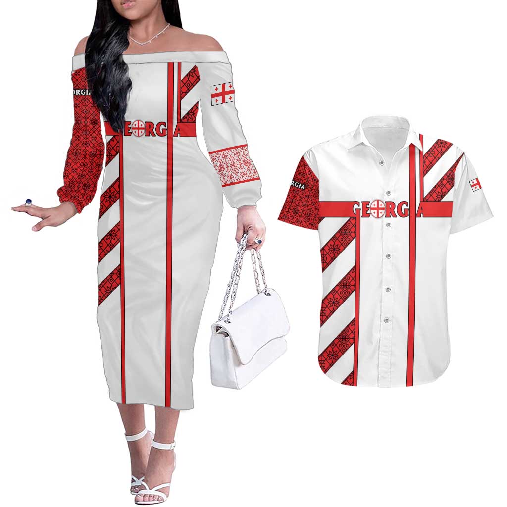 Georgia Couples Matching Off The Shoulder Long Sleeve Dress and Hawaiian Shirt with Red Cross and Golden Lions Emblem Never Bows Design - Wonder Print Shop